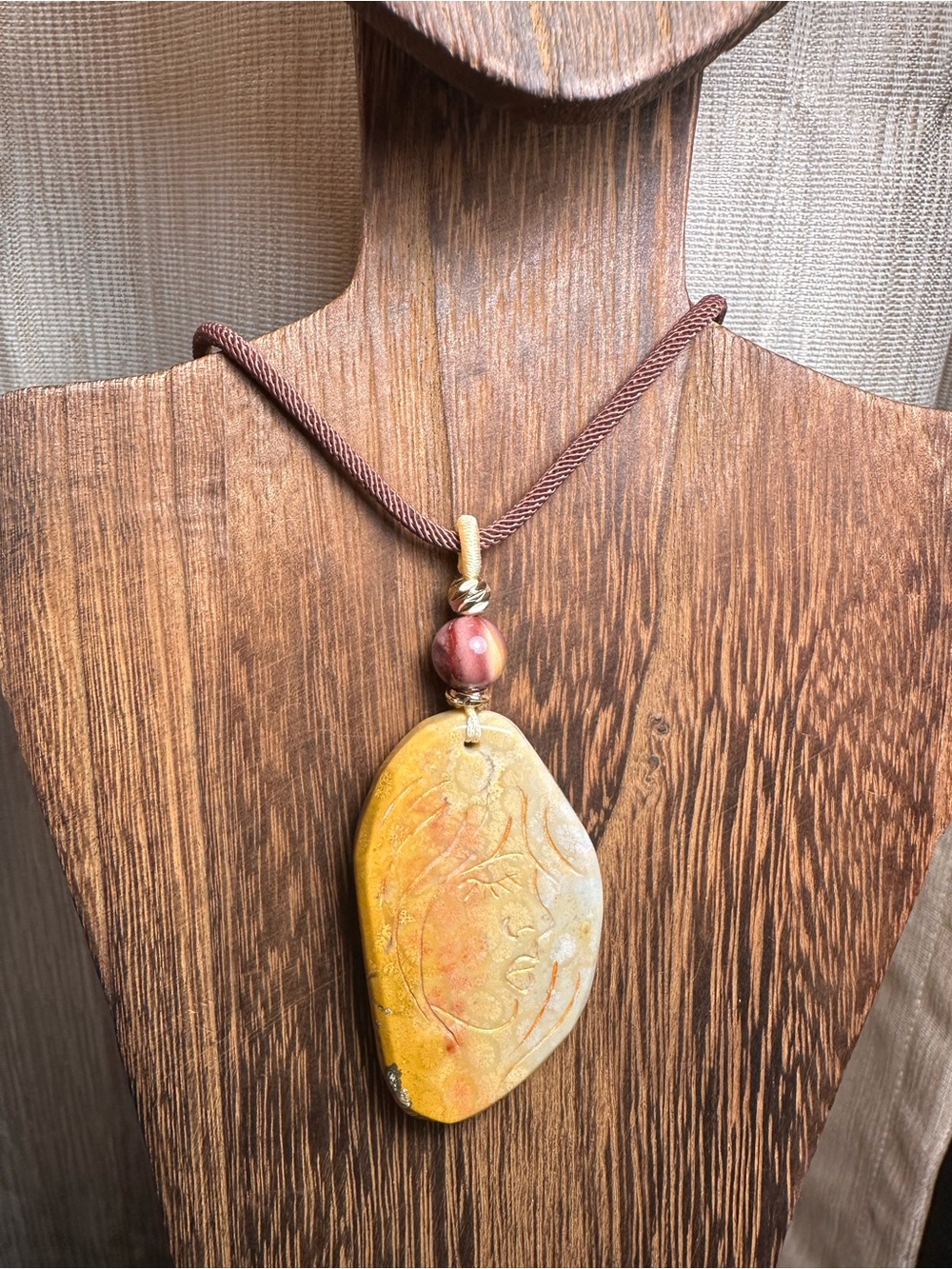 Coral Fossil Lady Profile Pendant Necklace on Brown Rope - Picture 8 of 14